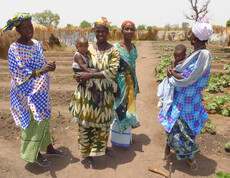 Frauen mit ihren Kindern stehen in einem landwirtschaftlichen Projekt in der Region Tambacounda, Senegal.